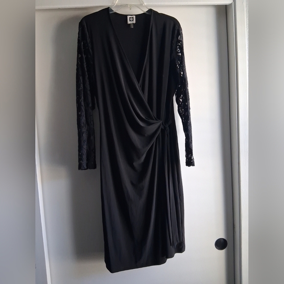 Anne Klein Womens Black Knit Lace Sleeves Midi Cocktail and Party Dress EUC - Picture 11 of 12